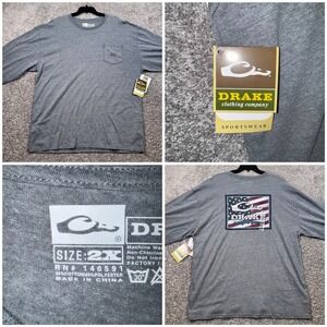 Drake Waterfowl T-Shirt Mens Long Sleeve Pocket USA Graphic Gray XXL NEW